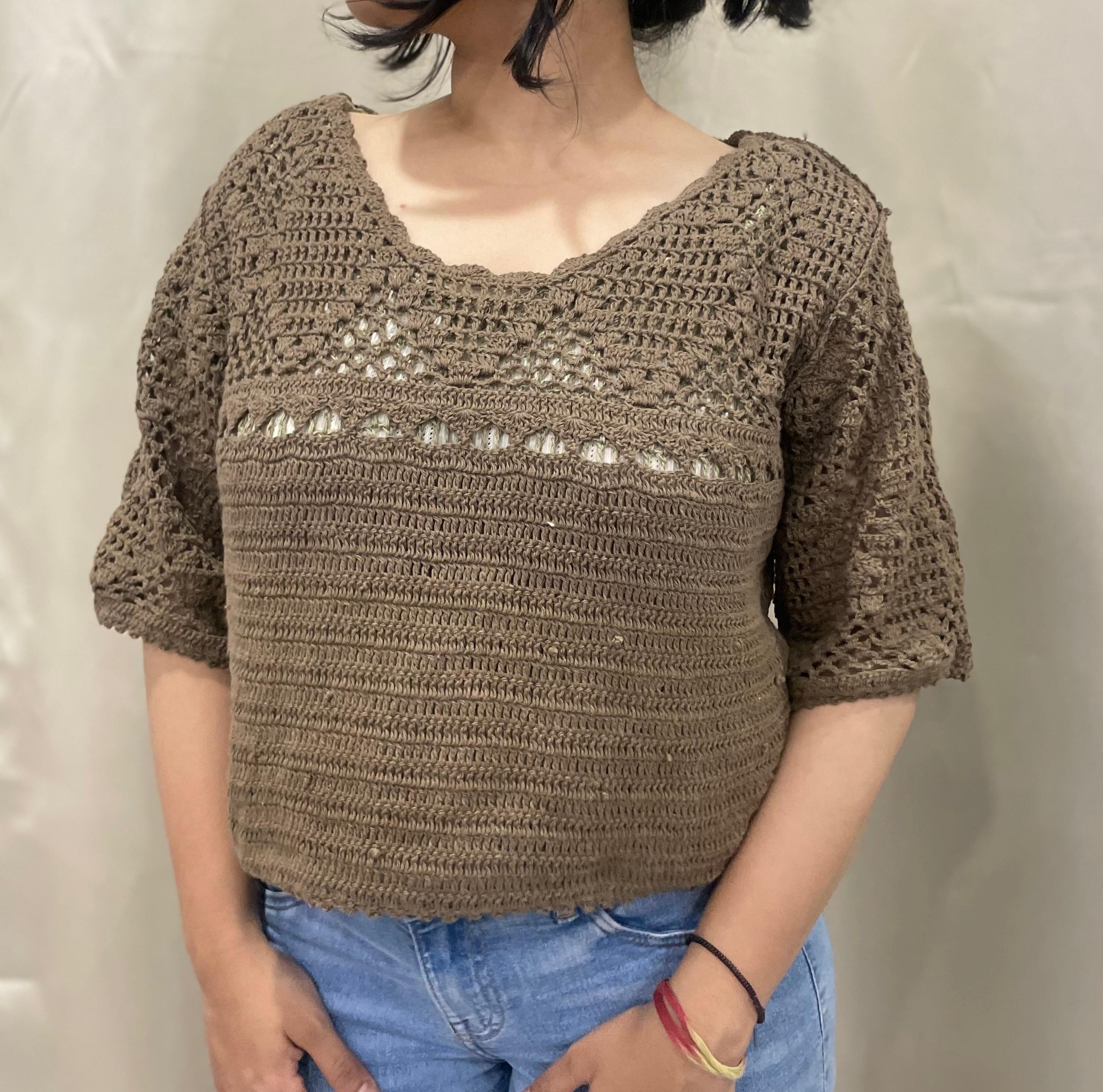 Cocoa Brown Textured Crochet Half Sleeve Top