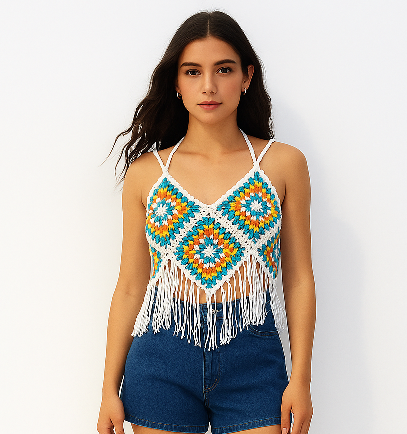 Boho Mosaic Fringe Crop Top (WHITE)
