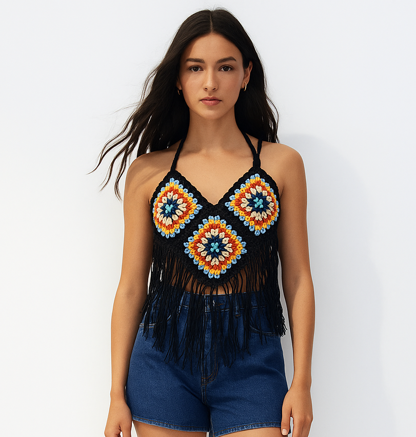 Boho Mosaic Fringe Crop Top (BLACK)