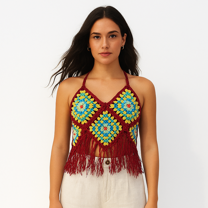 Boho Mosaic Fringe Crop Top (RED)
