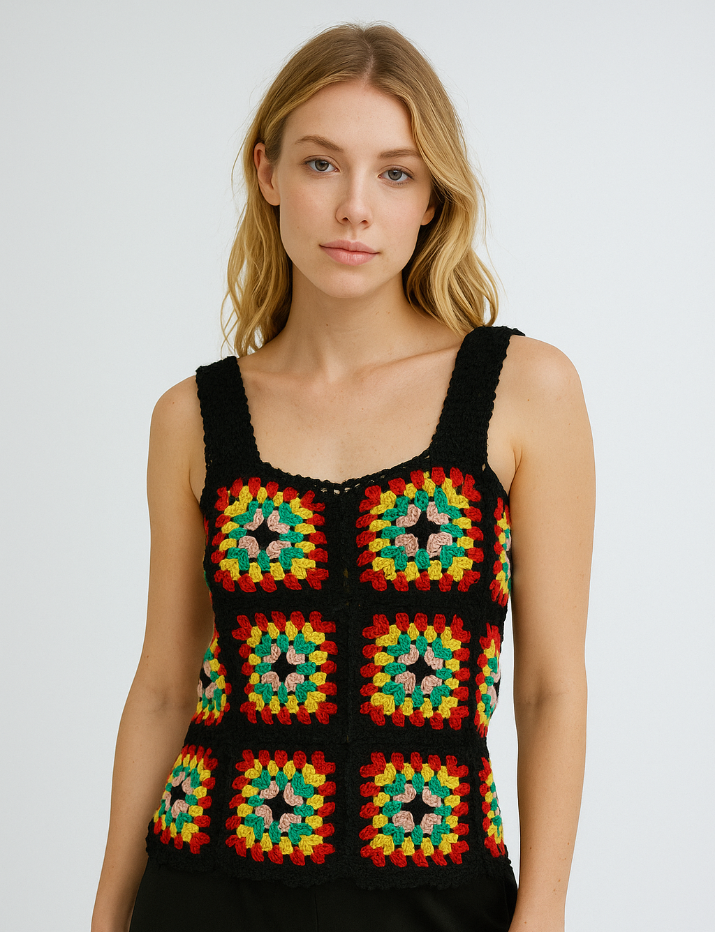 Black Floral Block Crochet Crop Top